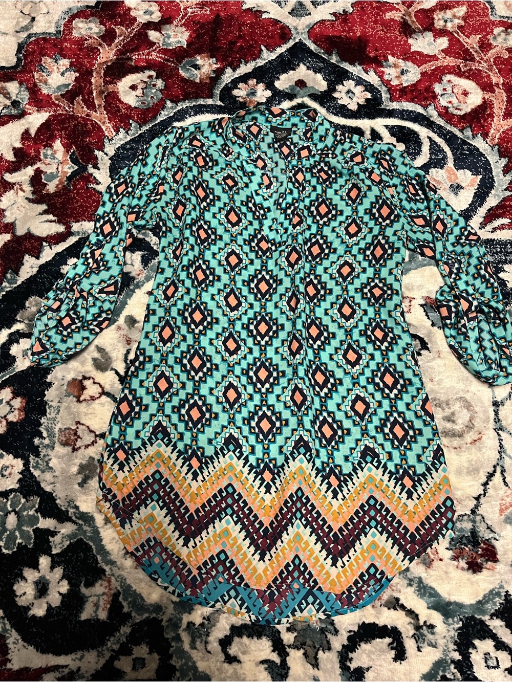 Rue21 Teal Geometric Print Boho Tunic with Coral and Yellow Accents. Like new